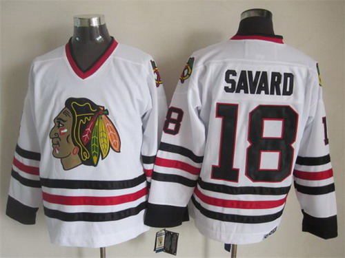 Men's Chicago Blackhawks #18 Denis Savard White CCM 1988 Vintage Throwback Stitched Jersey