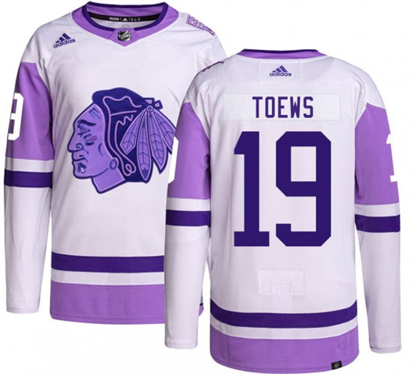 Men's Chicago Blackhawks #19 Jonathan Toews 2021-22 White Purple Hockey Fights Cancer Primegreen Stitched Jersey