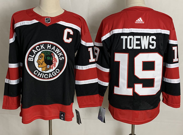 Men's Chicago Blackhawks #19 Jonathan Toews Black Adidas 2020-21 Reverse Retro Alternate NHL Stitched Jersey