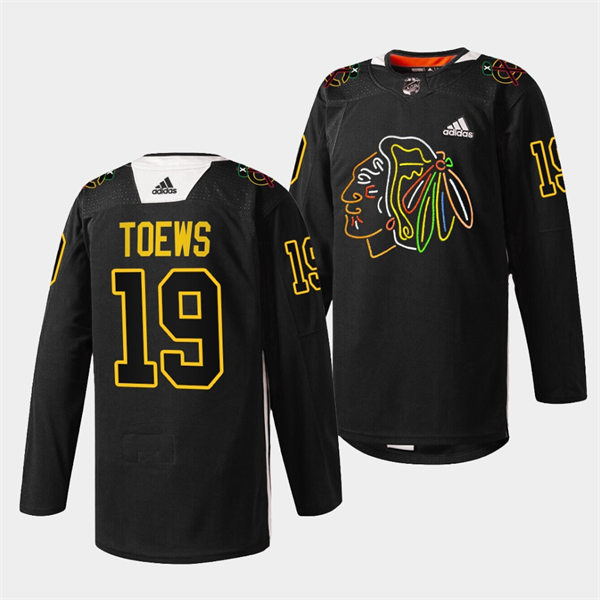 Men's Chicago Blackhawks #19 Jonathan Toews Black Warm-Up 2021-22 Foundation Night Stitched Jersey