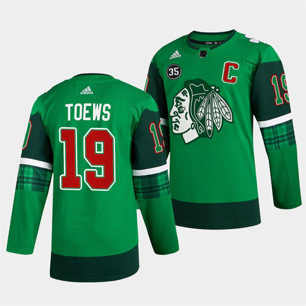 Men's Chicago Blackhawks #19 Jonathan Toews Green 2020 St. Patrick's Day Player Stitched Jersey