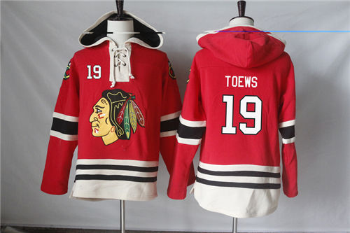 Men's Chicago Blackhawks #19 Jonathan Toews Old Time Hockey Red Current Lacer Heavyweight Hoodie Stitched