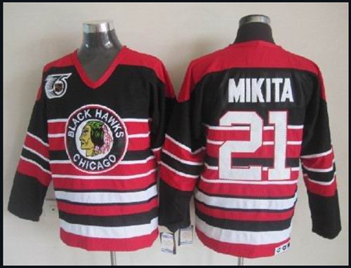 Men's Chicago Blackhawks #21 Stan Mikita Black Pinstripe 75TH Throwback Jersey Stitched