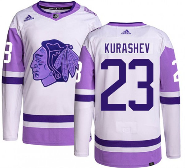 Men's Chicago Blackhawks #23 Philipp Kurashev 2021-22 White Purple Hockey Fights Cancer Primegreen Stitched Jersey