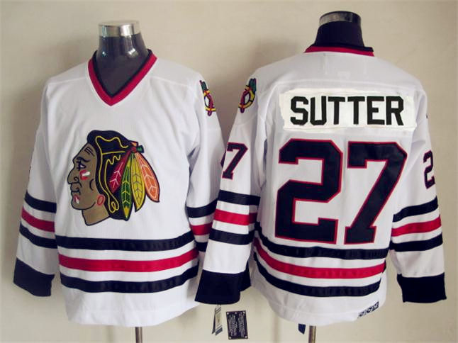 Men's Chicago Blackhawks #27 Darryl Sutter 1984-85 White CCM Vintage Throwback NHL Stitched Hockey