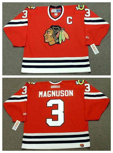 Men's Chicago Blackhawks #3 KEITH MAGNUSON 1977 CCM Throwback Away NHL Hockey Stitched Jersey