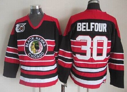 Men's Chicago Blackhawks #30 Ed Belfour Black Pinstripe 75TH Throwback CCM Jersey Stitched