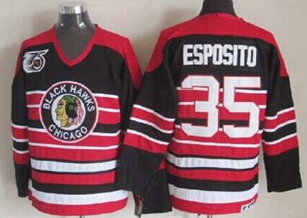 Men's Chicago Blackhawks #35 Tony Esposito Black Pinstripe 75TH Throwback CCM Jersey Stitched