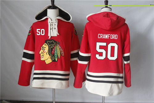 Men's Chicago Blackhawks #50 Corey Crawford Old Time Hockey Red Current Lacer Heavyweight Hoodie Stitched