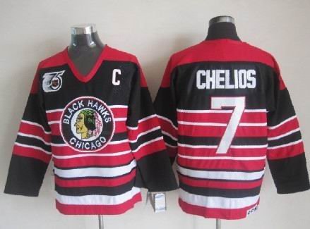 Men's Chicago Blackhawks #7 CHRIS CHELIOS 1992 CCM Throwback Black Pinstripe Away Hockey Stitched
