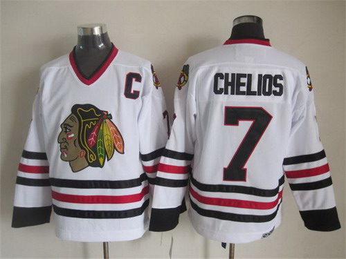 Men's Chicago Blackhawks #7 Chris Chelios White 1996 CCM Vintage Throwback Stitched Jersey