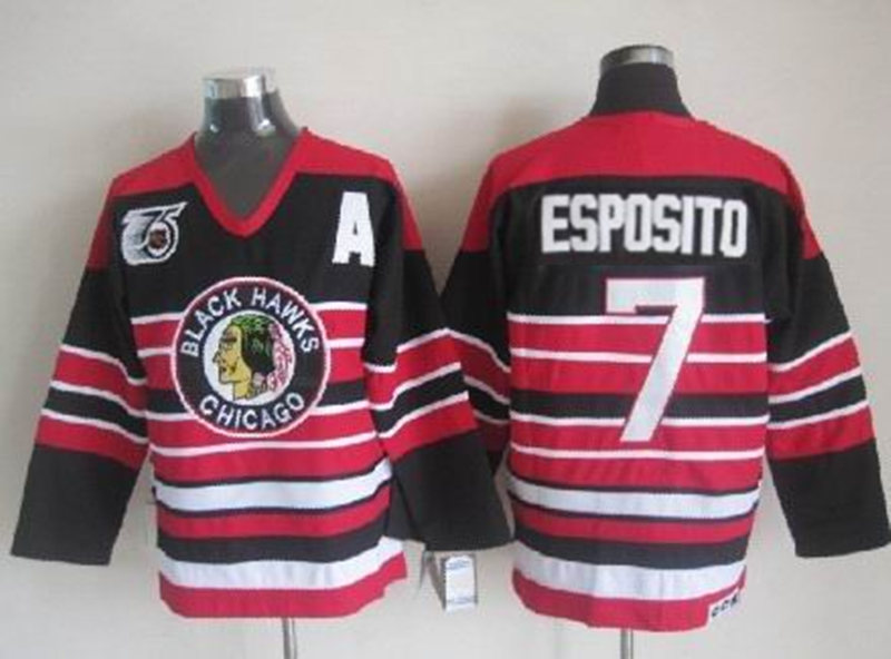Men's Chicago Blackhawks #7 Tony Esposito Black Pinstripe 75TH Throwback CCM Stitched Jersey
