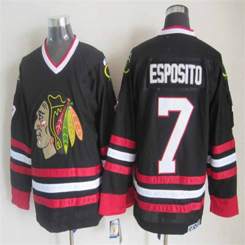 Men's Chicago Blackhawks #7 Tony Esposito Black Throwback CCM Stitched Jersey