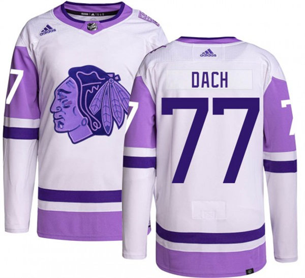 Men's Chicago Blackhawks #77 Kirby Dach 2021-22 White Purple Hockey Fights Cancer Primegreen Stitched Jersey