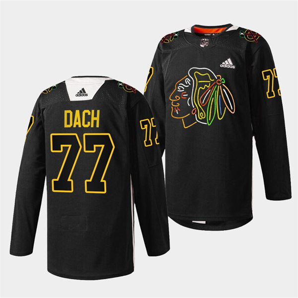 Men's Chicago Blackhawks #77 Kirby Dach Black Warm-Up 2021-22 Foundation Night Stitched Jersey