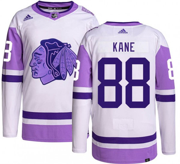 Men's Chicago Blackhawks #88 Patrick Kane 021-22 White Purple Hockey Fights Cancer Primegreen Stitched Jersey