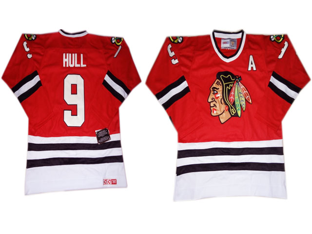 Men's Chicago Blackhawks #9 Bobby Hull Red CCM 1971 Throwback Jersey Stitched