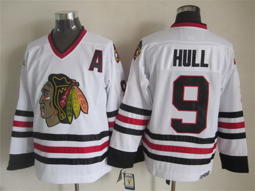 Men's Chicago Blackhawks #9 Bobby Hull White CCM 1971 Vintage Throwback Jersey Stitched