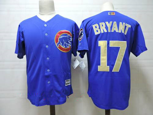 Men's Chicago Cubs #17 Kris Bryant Royal Blue World Series Champions Gold Stitched MLB Majestic 2017 Flex Base Jersey的副本