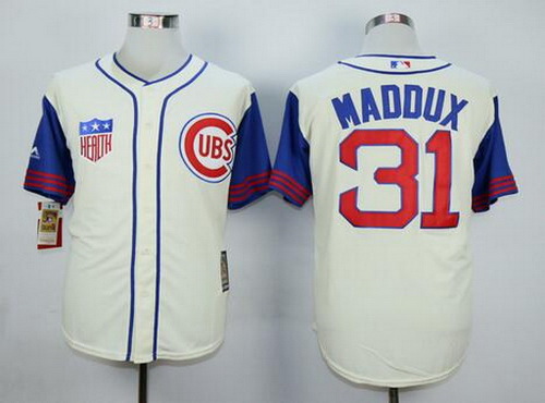 Men's Chicago Cubs #31 Greg Maddux Retired Cream 1942 Majestic Cooperstown Collection Throwback Jerseys