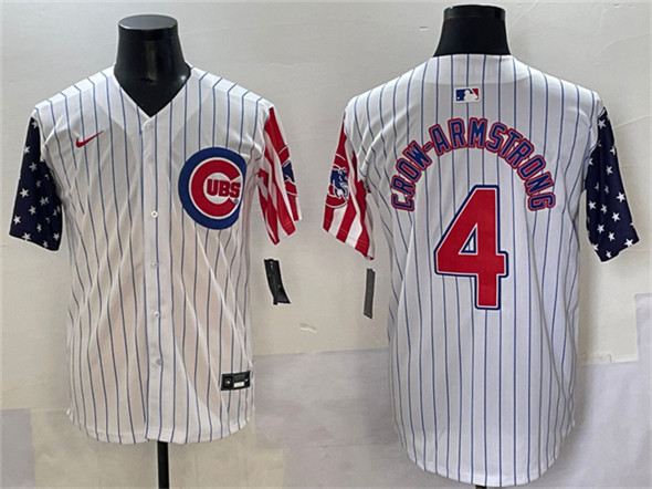 Men's Chicago Cubs #4 Pete Crow-Armstrong White Pinstripe 2025 Independence Day Vapor Premier Limited Stitched Baseball Jersey