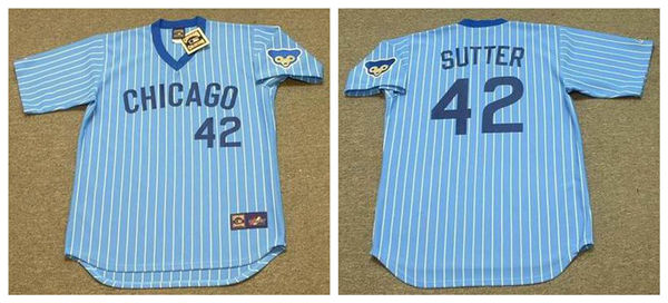 Men's Chicago Cubs #42 BRUCE SUTTER 1978 Blue Pinstripe Pullover Majestic Cooperstown Throwback Baseball Jerseys