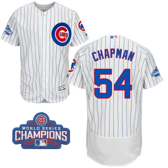 Men's Chicago Cubs #54 Aroldis Chapman White Home Majestic Flex Base 2016 World Series Champions Patch Jersey