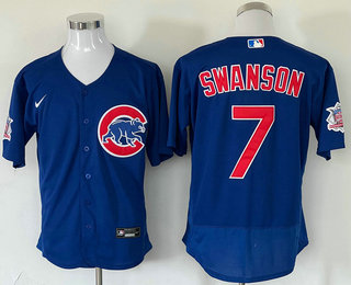 Men's Chicago Cubs #7 Dansby Swanson Blue Stitched MLB Flex Base Nike Jersey的副本