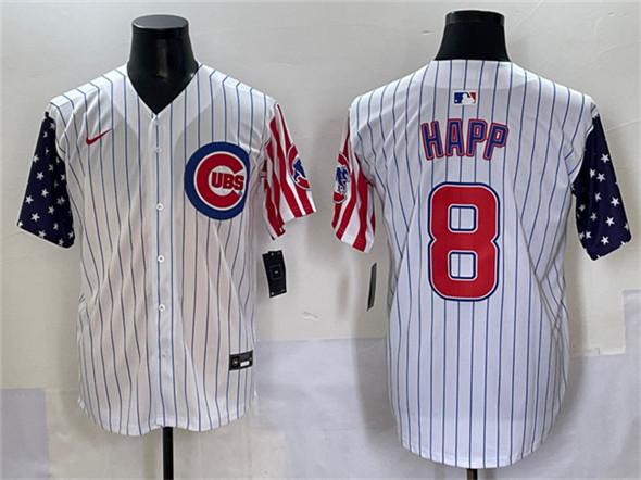Men's Chicago Cubs #8 Ian Happ White Pinstripe 2025 Independence Day Vapor Premier Limited Stitched Baseball Jersey