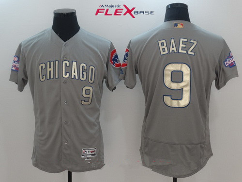 Men's Chicago Cubs #9 Javier Baez Gray World Series Champions Gold Stitched MLB Majestic 2017 Flex Base Jersey的副本
