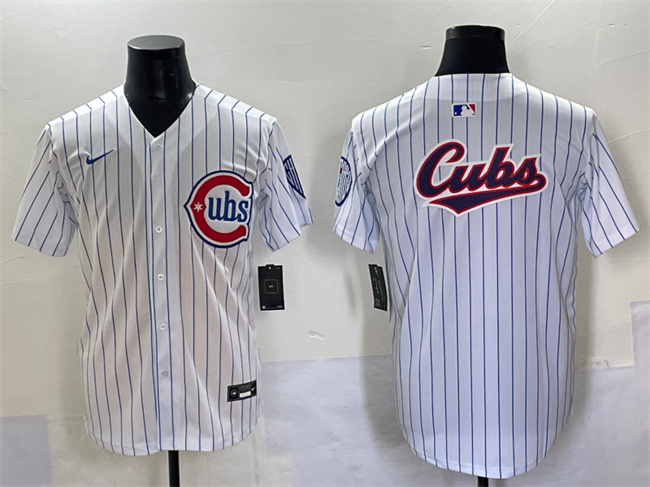 Men's Chicago Cubs Team Big Logo White Pinstripe 2nd Alternate Limited Stitched Baseball Jersey