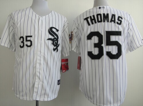 Men's Chicago White Sox #35 Frank Thomas White With Black Pinstripe With 75TH Patch Jerseys