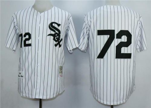 Men's Chicago White Sox #72 Carlton Fisk Throwback Jersey White With Black Pinstripe
