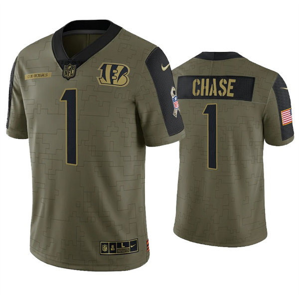Men's Cincinnati Bengals #1 Ja'Marr Chase Nike Olive 2021 Salute To Service Limited Jersey