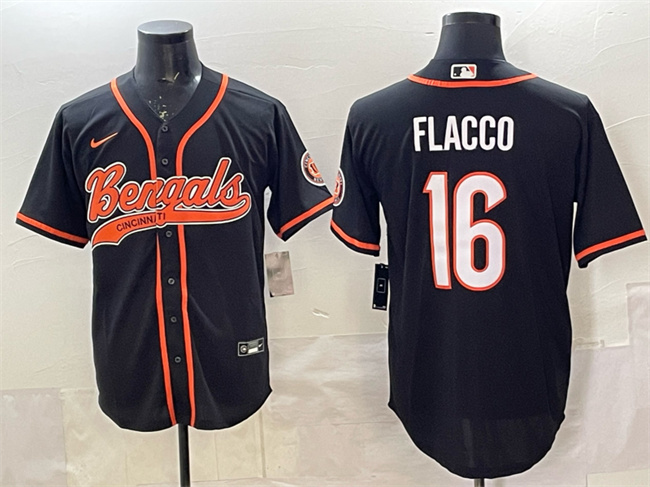 Men's Cincinnati Bengals #16 Joe Flacco Black With Patch Cool Base Stitched Baseball Jersey