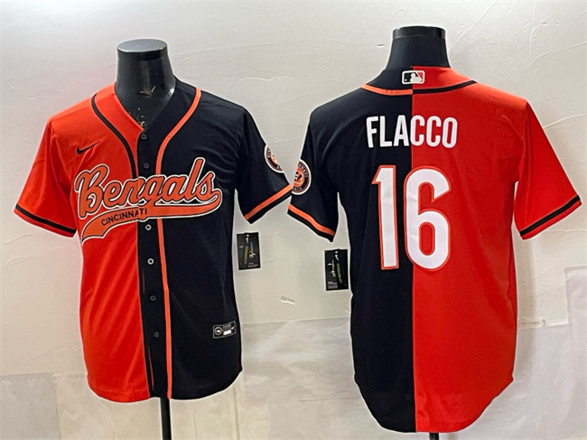 Men's Cincinnati Bengals #16 Joe Flacco Orange Black Split With Patch Cool Base Stitched Baseball Jersey