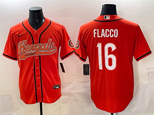 Men's Cincinnati Bengals #16 Joe Flacco Orange With Patch Cool Base Stitched Baseball Jersey