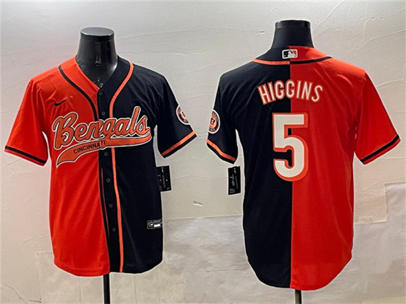 Men's Cincinnati Bengals #5 Tee Higgins Orange Black Split With Patch Cool Base Stitched Jersey