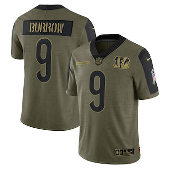 Men's Cincinnati Bengals #9 Joe Burrow Nike Olive 2021 Salute To Service Limited Player Jersey