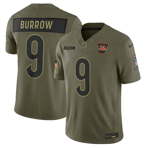 Men's Cincinnati Bengals #9 Joe Burrow Olive 2025 Salute to Service Limited Football Stitched Jersey
