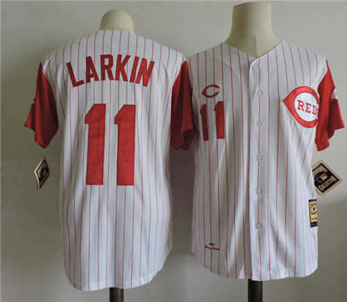 Men's Cincinnati Reds #11 BARRY LARKIN 1995 Majestic Throwback Home White Baseball Jersey