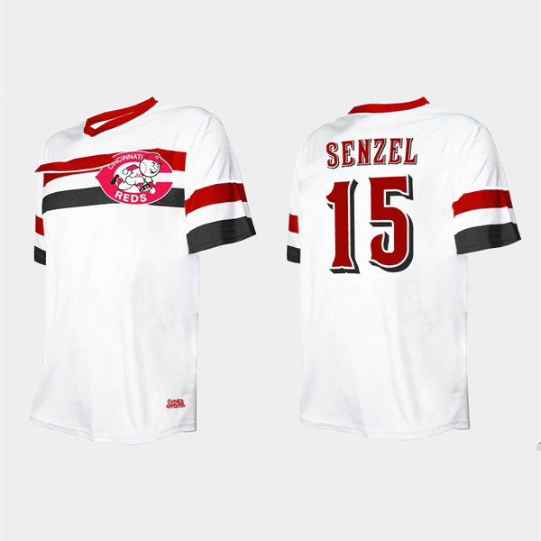 Men's Cincinnati Reds #15 Nick Senzel White V-Neck Cooperstown Collection Jersey