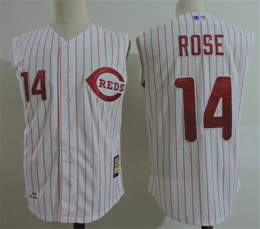 Men's Cincinnati Reds Retired Player #14 Pete Rose Majestic Throwback White Sllevless Baseball Jersey