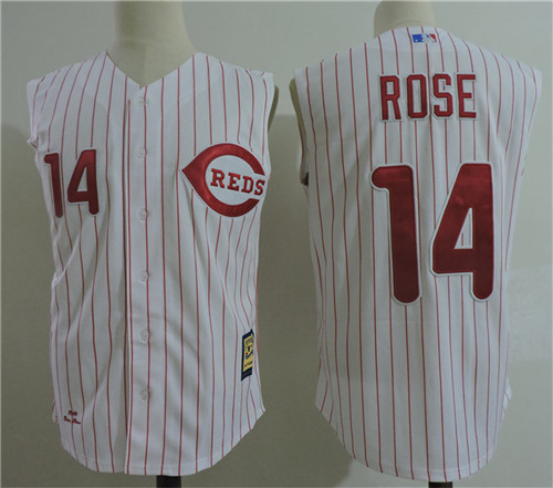Men's Cincinnati Reds Retired Player #14 Pete Rose Majestic Throwback White Sllevless Baseball Jerseys