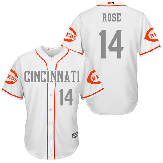 Men's Cincinnati Reds Retired Player #14 Pete Rose White Gray Turn Back the Clock Throwback Authentic Player Jersey