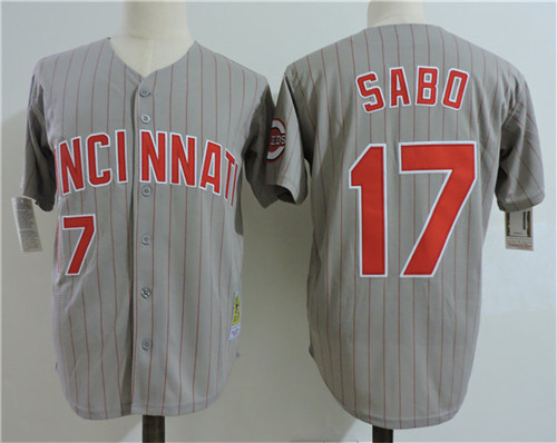 Men's Cincinnati Reds Retired Player #17 Chris Sabo Gray Stripe Turn Back the Clock Throwback Authentic Player Jerseys