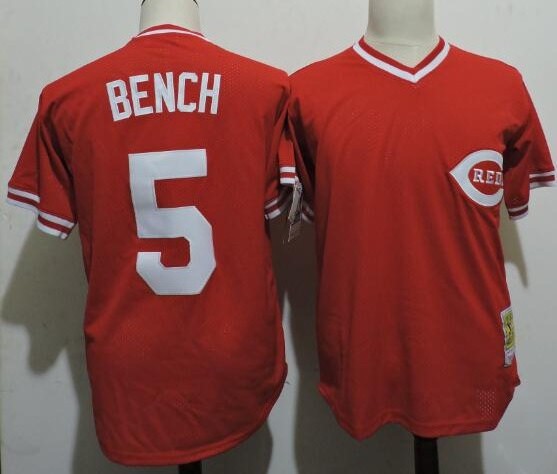 Men's Cincinnati Reds Retired Player #5 Johnny Bench Red Pullover Mitchell & Ness 1983 Authentic Cooperstown Collection Mesh Batting Practice Jersey