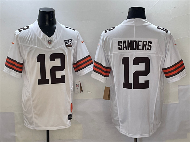 Men's Cleveland Browns #12 Shedeur Sanders White 2025 Draft F.U.S.E. With Jim Brown Memorial & Home Patch Vapor Limited Football Stitched Jersey