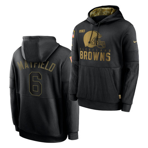 Men's Cleveland Browns #6 Baker Mayfield 2020 Salute To Service Black Sideline Performance Pullover Hoodie