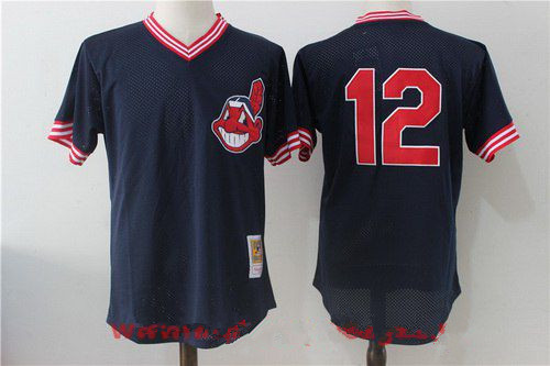 Men's Cleveland Indians #12 Francisco Lindor Navy Blue Throwback Mesh Batting Practice Stitched MLB Mitchell & Ness Jersey的副本